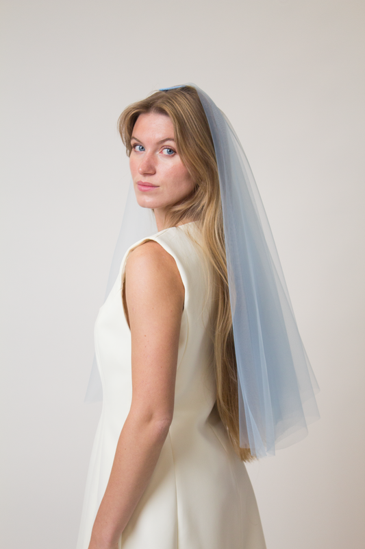 Sky blue veil with a blusher