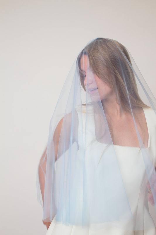 Sky blue veil with a blusher