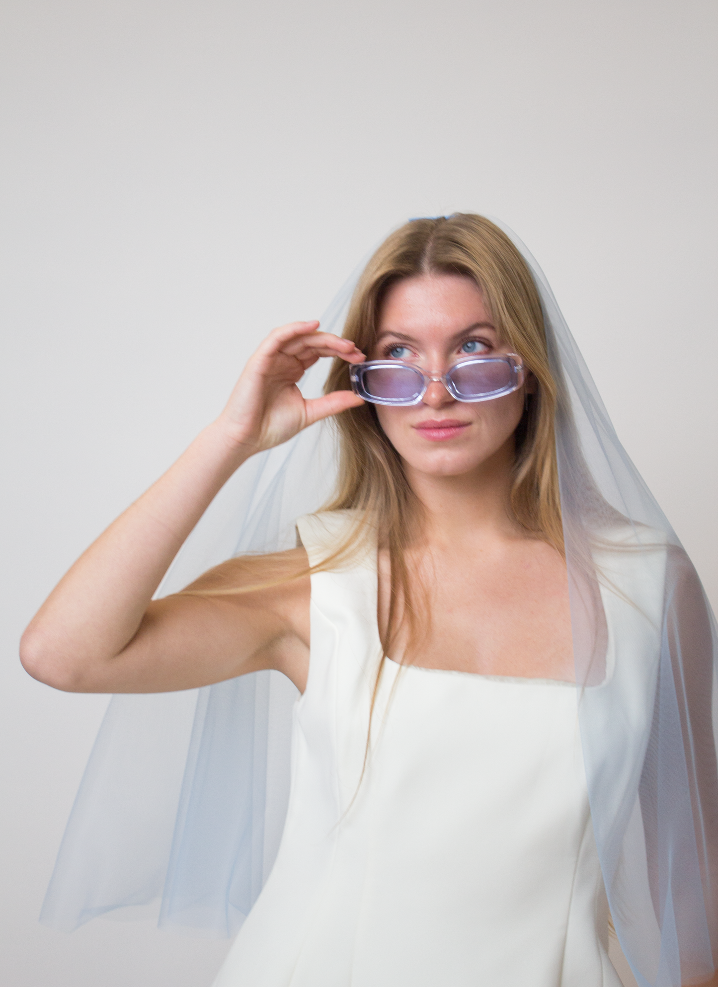 Sky blue veil with a blusher