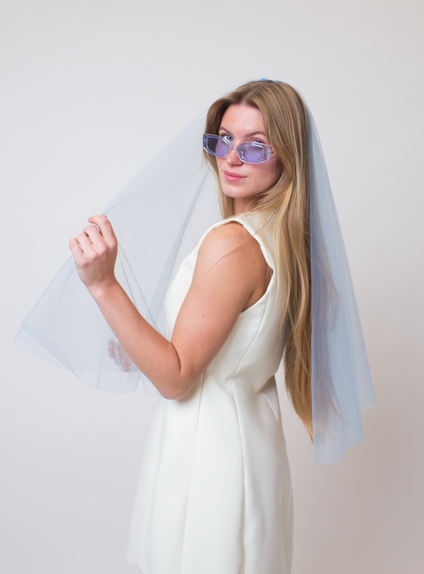 Sky blue veil with a blusher