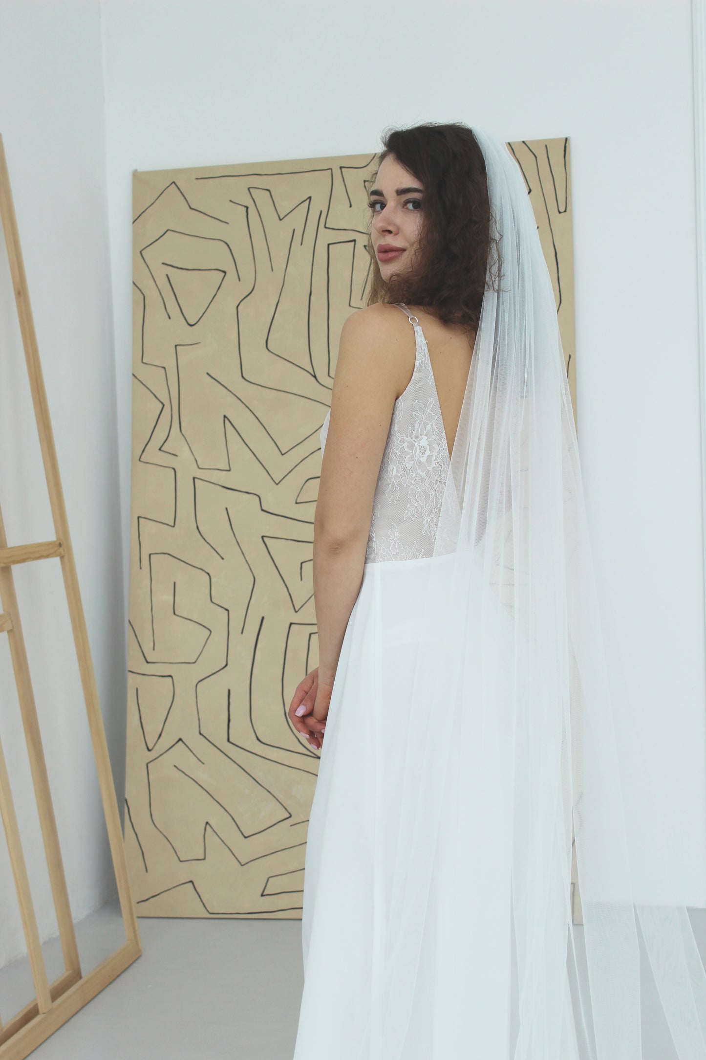 Long wedding veil with lace trim